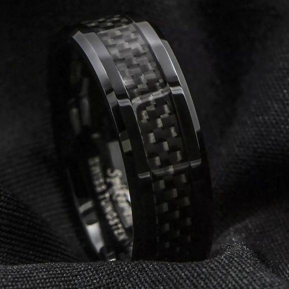 Men’s Tungsten Carbide Black Carbon Fiber Ring - Picture 6 of 6